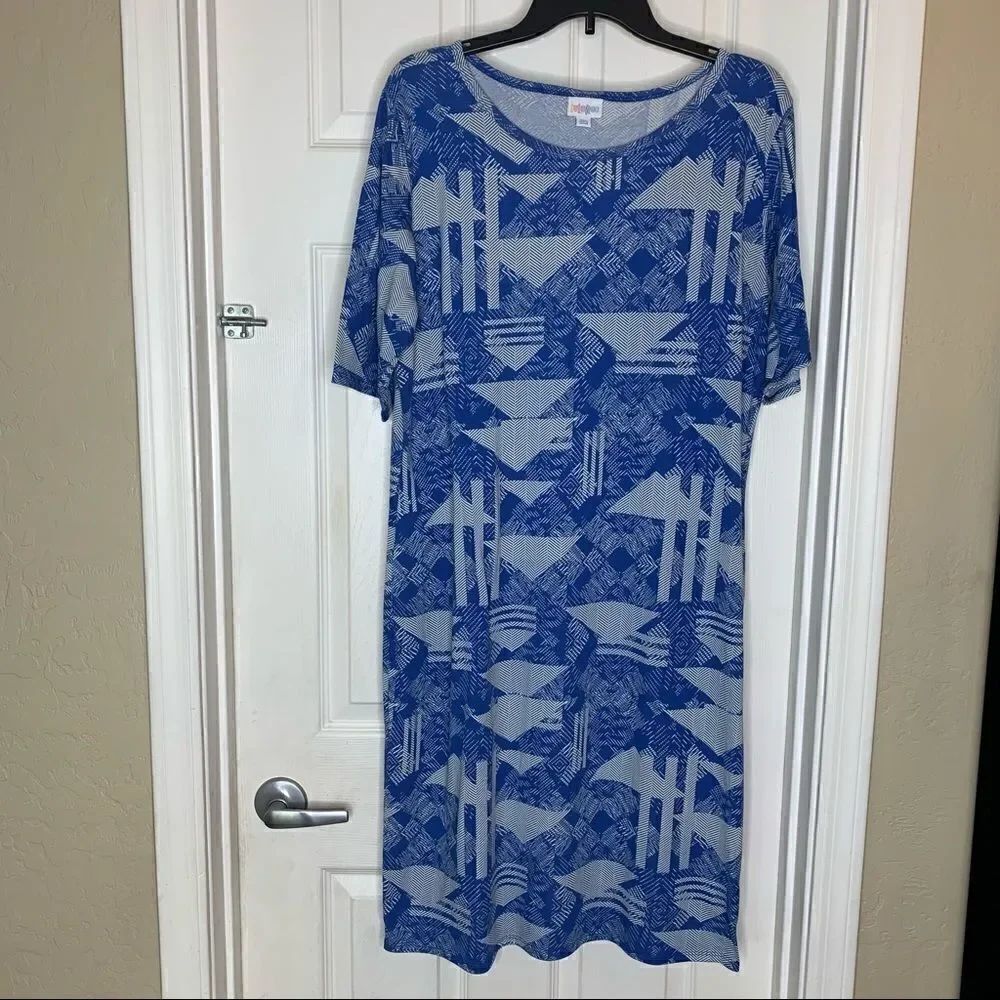 LuLaRoe Julia  Dress Geometric Blue White Size 3X